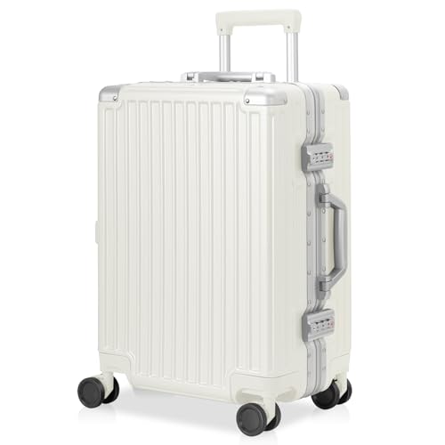 AnyZip Handgepäck Koffer Hartschalen-Koffer PC ABS Aluminiumrahmen Reisekoffer 4 Metallecken zum Schutz Trolley mit 4 Rollen und TSA Schloss Kein Reißverschluss (Weiß, M) von AnyZip