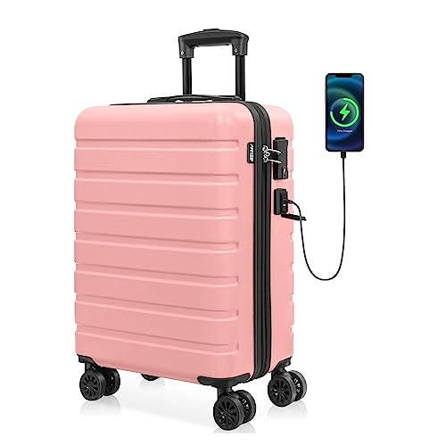 AnyZip AZ101 Handgepäck Koffer Leicht Hartschalenkoffer Reisekoffer Trolley Rollkoffer mit TSA Schloss und 4 Rollen USB（Rosa,M von AnyZip