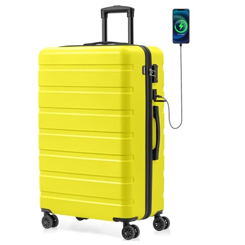 AnyZip Hartschalenkoffer Leicht Reisekoffer Trolley Rollkoffer mit TSA Schloss und 4 Rollen USB，PC+ABS Hartschale（Gelb,XL） von AnyZip