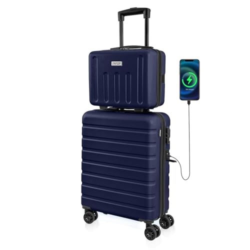 AnyZip Kofferset 2 Teilig Handgepäck Koffer Trolley mit Kosmetiktasche Hartschalenkoffer Reisekoffer mit TSA Schloss und 4 Rollen USB(Dunkelblau) von AnyZip