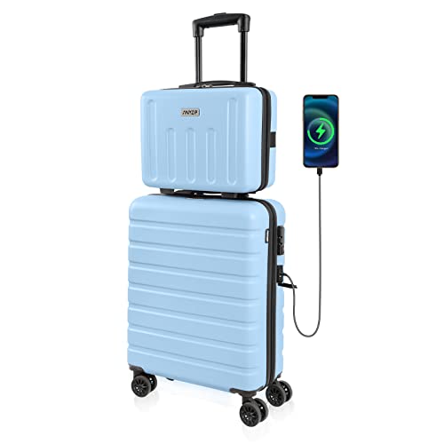 AnyZip Kofferset 2 Teilig Handgepäck Koffer Trolley mit Kosmetiktasche Hartschalenkoffer Reisekoffer mit TSA Schloss und 4 Rollen USB (Hellblau) von AnyZip