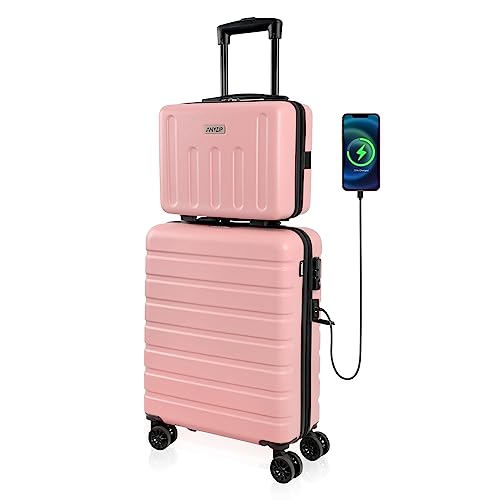 AnyZip Kofferset 2 Teilig Handgepäck Koffer Trolley mit Kosmetiktasche Hartschalenkoffer Reisekoffer mit TSA Schloss und 4 Rollen USB (Rosa) von AnyZip