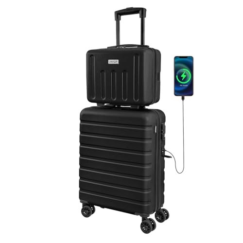 AnyZip Kofferset 2 Teilig Handgepäck Koffer Trolley mit Kosmetiktasche Hartschalenkoffer Reisekoffer mit TSA Schloss und 4 Rollen USB (Schwarz) von AnyZip