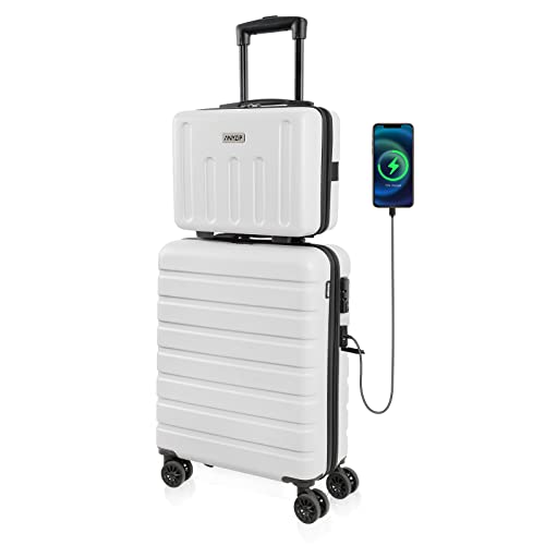 AnyZip Kofferset 2 Teilig Handgepäck Koffer Trolley mit Kosmetiktasche Hartschalenkoffer Reisekoffer mit TSA Schloss und 4 Rollen USB (Weiß) von AnyZip