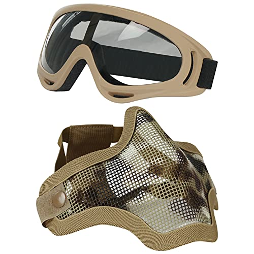 Aoutacc Airsoft Maske und Goggles Set, Half Face Full Steel Mesh Maske und Schutzbrillen für CS/Jagd/Paintball/Schießen (IT) von Aoutacc