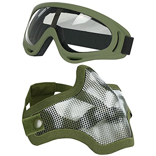 Aoutacc Airsoft Maske und Goggles Set, Half Face Full Steel Mesh Maske und Schutzbrillen für CS/Jagd/Paintball/Schießen (OD-Schädel) von Aoutacc