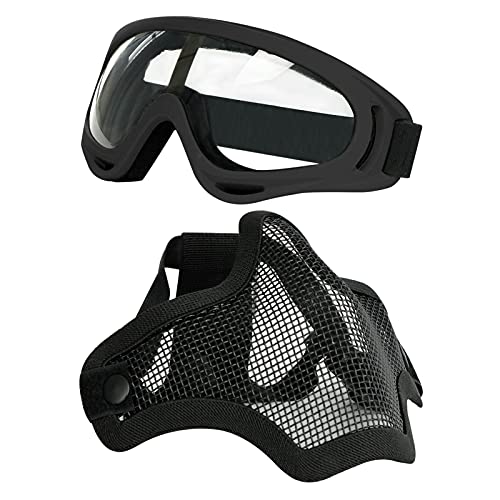 Aoutacc Airsoft Maske und Goggles Set, Half Face Full Steel Mesh Maske und Schutzbrillen für CS/Jagd/Paintball/Schießen (Schwarze Maske) von Aoutacc