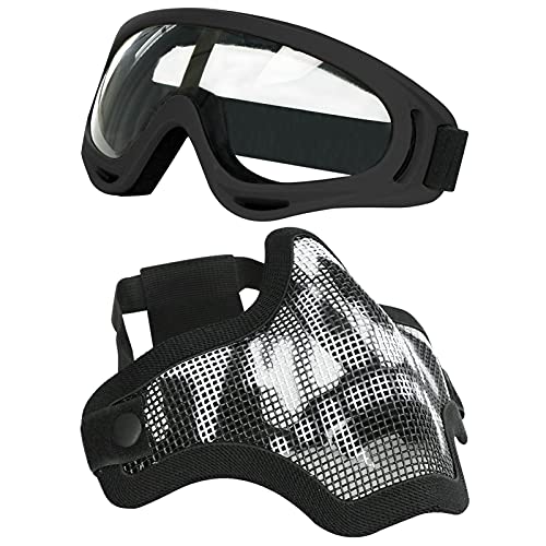 Aoutacc Airsoft Maske und Goggles Set, Half Face Full Steel Mesh Maske und Schutzbrillen für CS/Jagd/Paintball/Schießen (Schwarze Schädel Maske) von Aoutacc