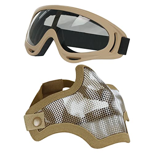 Aoutacc Airsoft Maske und Goggles Set, Half Face Full Steel Mesh Maske und Schutzbrillen für CS/Jagd/Paintball/Schießen (Tan-Schädel) von Aoutacc