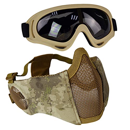 Aoutacc Airsoft Schutzausrüstung, Set mit Halbgesichtsmasken mit Ohrenschutz und Brille für CS/Jagd/Paintball/Shooting, at von Aoutacc