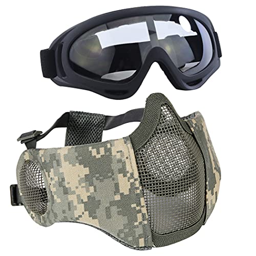 Aoutacc Airsoft Schutzausrüstung, Set mit Halbgesichtsmasken mit Ohrenschutz und Brille für CS/Jagd/Paintball/Shooting, Acu von Aoutacc