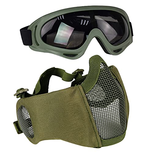 AOUTACC Airsoft Schutzausrüstung, Set mit Halbgesichtsmasken mit Ohrenschutz und Brille für CS/Jagd/Paintball/Shooting, grün von Aoutacc