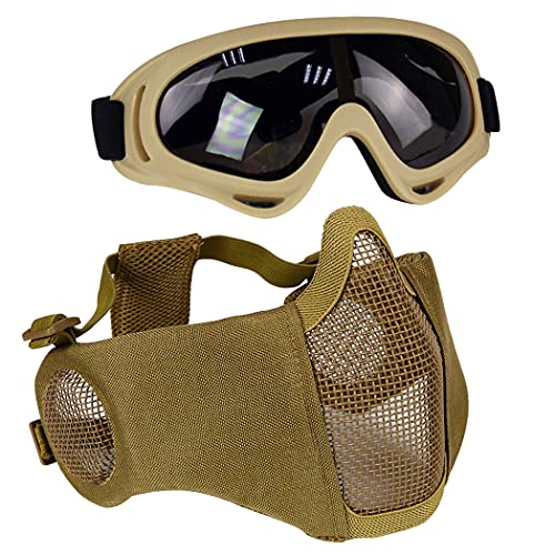 Aoutacc Airsoft Schutzausrüstung, Set mit Halbgesichtsmasken mit Ohrenschutz und Brille für CS/Jagd/Paintball/Shooting, hautfarben von Aoutacc