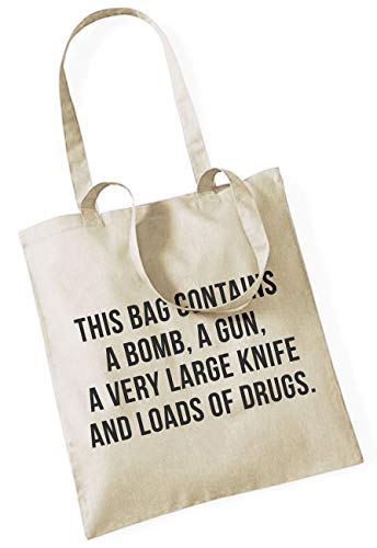 This Bag Contains A Bomb, A Gun, A Very Large Knife and Loads of Drugs. / Stoffbeutel Jutebeutel Tote Bag/BEIGE von ApeWear