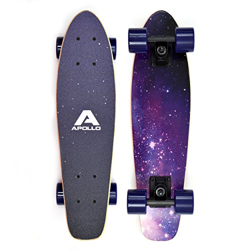 Apollo Wooden Fancy Skateboard, Vintage Cruiser Komplettboard mit und ohne LED Wheels, Größe: 22.5'' (57,15 cm), Farbe: Sternenhimmel/Lila von Apollo