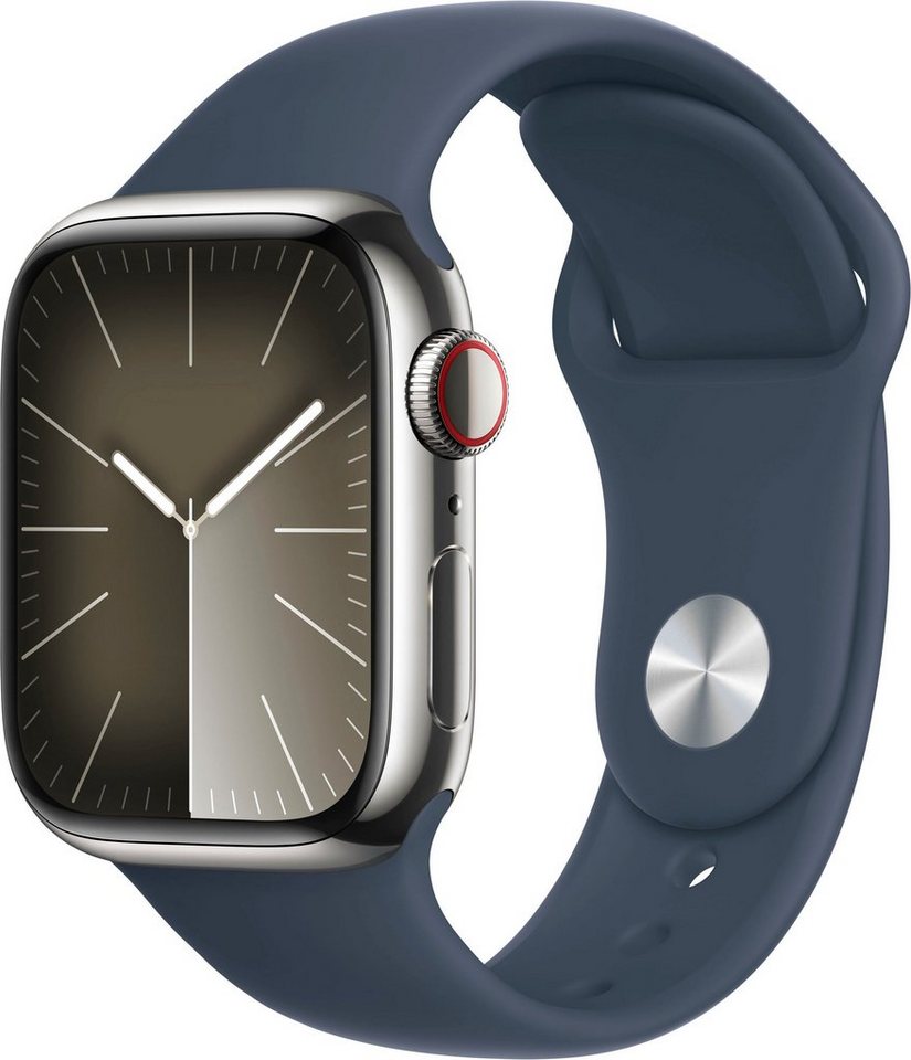 Apple Watch Series 9 GPS + Cellular 41mm Edelstahl S/M Smartwatch (4,1 cm/1,61 Zoll, Watch OS 10), Sport Band von Apple