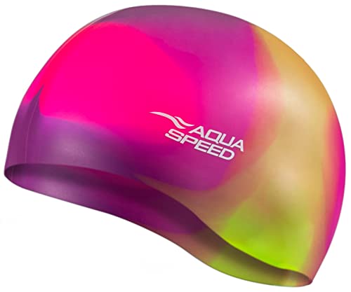 Aqua Speed BUNT Badekappe + Kleines Mikrofaserhandtuch | Damen & Herren | Bademütze Silikon | bunte Badehüte für Kinder Erwachsene | wasserdichte Schwimmhaube | Badehaube, Kappen Designs:65. Bunt / 32 von Aqua Speed