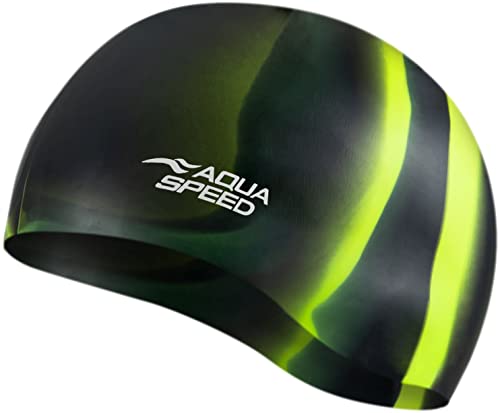 Aqua Speed BUNT Badekappe + Kleines Mikrofaserhandtuch | Damen & Herren | Bademütze Silikon | bunte Badehüte für Kinder Erwachsene | wasserdichte Schwimmhaube | Badehaube, Kappen Designs:67. Bunt / 34 von Aqua Speed
