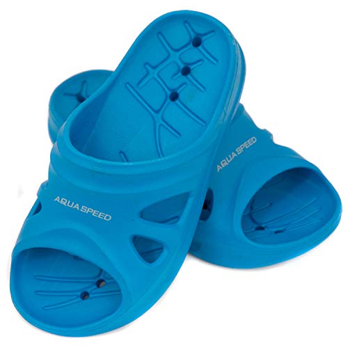 Aqua Speed Blaue Badelatschen Florida + Fasertuch | Kinder | Duschsandalen blau | Badeschlappen rutschfest | leichte Dusche Shower Schuhe Mädchen Jungen | Gr 32 von Aqua Speed