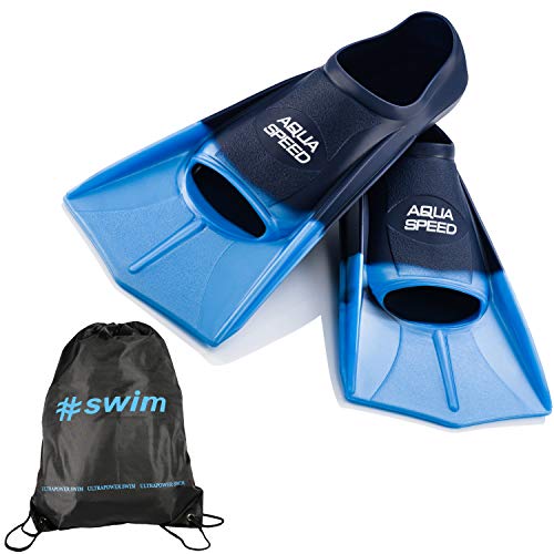 SET - Aqua Speed HIGH TECH Kurze Schwimmflossen für Erwachsene und Kinder + ULTRAPOWER #SWIM Beutelrucksack | Herren | Damen | Mädchen | Jungen | Trainingsflossen | Schwimmtraining | Kurzflossen | Taucherflossen | Größen 33-48, Modell:blau/hellblau/02, Größen:33/34 von Aqua Speed