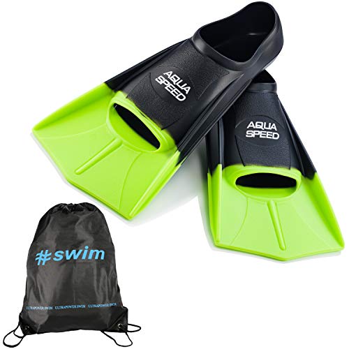 Aqua Speed kurze Trainingsflossen I Damen Herren I Profi Schwimmflossen weich für Erwachsene I Flossen Schwimmtraining I Kurzflossen Schwimmen I + Ultrapower Rucksack I schwarzIneon-grünI38; Gr. 39I40 von Aqua Speed