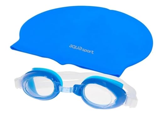 AquaSport Kinder-Badekappe und Schwimmbrille aus Kunststoff, Blau, 12 Stück von AquaSport
