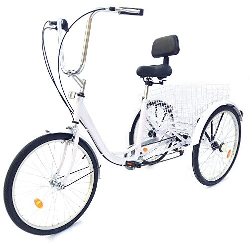 24 Zoll Dreirad für Erwachsene, 6-Gang Faltbares Fahrrad mit Rückenlehne und Einkaufskorb, Stahl mit hohem Kohlenstoffgehalt Material Einstellbare Höhe für Erwachsene Senioren Fahranfänger (Weiß) von Areao