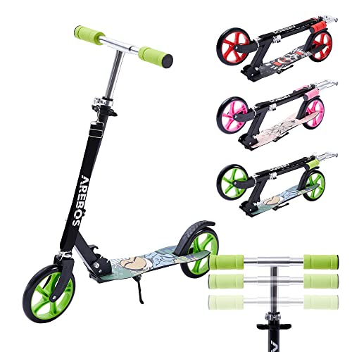 Arebos Cityroller Tretroller Grün Scooter höhenverstellbar | klappbar | inkl. Traggurt | XXL Räder | Tritt-Bremse | für Kinder und Erwachsene | bis 100kg belastbar | Kickroller | Kickscooter | Grün von Arebos