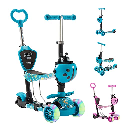 Arebos Cityroller Tretroller Blau Scooter höhenverstellbarer Lenker und Sitz | LED-XXL Räder | Tritt-Bremse | für Kinder | bis 50 kg belastbarer Roller | Kickroller | Kickscooter von Arebos