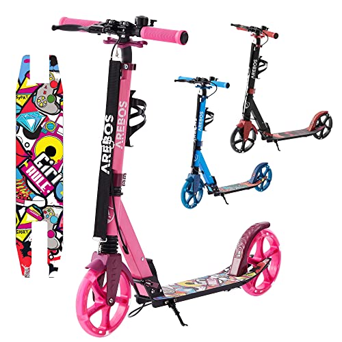 Arebos Cityroller Tretroller mit LED Pink | höhenverstellbar | klappbar | inkl. Tragegurt | Hand- & Trittbremse | für Kinder und Erwachsene | bis 100kg belastbar Roller | Kickroller | Kickscooter von Arebos