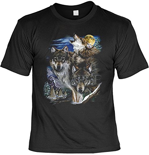 Mythologie der Ureinwohner Nordamerikas T-Shirt Wölfe und Indianerdorf (Größe: 4XL) in schwarz von Art & Detail Shirt