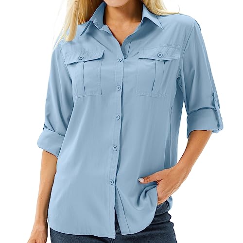 Hemdbluse Damen UPF 50+ UV Shirt Sonnenschutz Safari Kleidung,Wanderbluse Damen Langarm Atmungsaktiv Outdoor Cool Quick Dry Sport Oberteile（5070 Blau XL） von Asfixiado