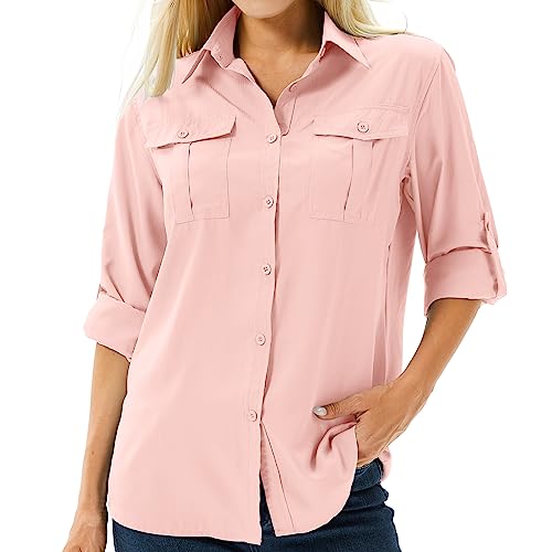 Hemdbluse Damen UPF 50+ UV Shirt Sonnenschutz Safari Kleidung,Wanderbluse Damen Langarm Atmungsaktiv Outdoor Cool Quick Dry Sport Oberteile（5070 Pink XS） von Asfixiado