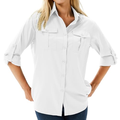 Hemdbluse Damen UPF 50+ UV Shirt Sonnenschutz Safari Kleidung,Wanderbluse Damen Langarm Atmungsaktiv Outdoor Cool Quick Dry Sport Oberteile（5070 White XXL） von Asfixiado