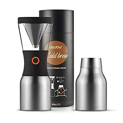 Asobu Unisex Coldbrew tragbare Kaltbrüh-Kaffeemaschine mit einer vakuumisolierten 1 l Edelstahl-Trinkflasche, mehrfarbig, Silber von ASOBU