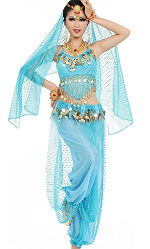 Astage Damen Bauchtanz Kostüme Set Indischer Tanz Darbietungen Kleidung, Himmelblau, Fits DE 32-40 von Astage