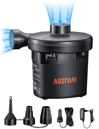 AstroAI AC/DC Elektrische Luftpumpe 2 in 1 Elektropumpe für Luftmatratze Tragbare Inflator-Deflatorpumpen mit 3 Düsen für Kissen Luftbetten Schwimmring Pool Spielzeugfloß für zu Hause und Auto von AstroAI