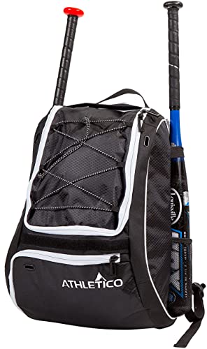 Athletico Baseballtasche - Rucksack für Baseball, T-Ball & Softball-Ausrüstung für Kinder, Jugendliche und Erwachsene | Hält Fledermaus, Helm, Handschuh | Separates Schuhfach, Zaunhaken (schwarz) von Athletico