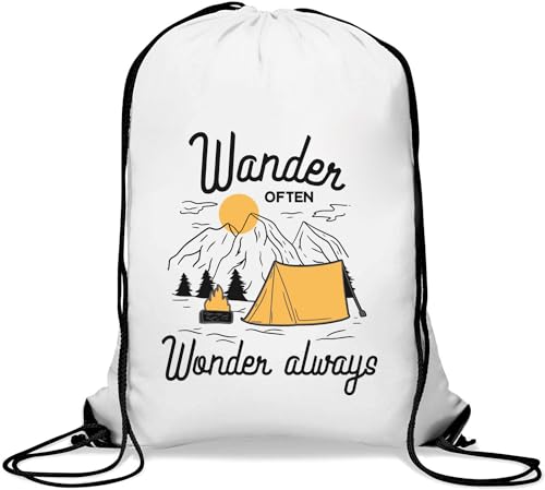 Atspauda Wander Often Wonder Always Campfire Graphic Gym Sack Casual Drawstring Bag White, weiß, Einheitsgröße von Atspauda