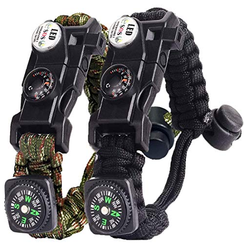 Paracord Survival Armband Kit für Herren Damen, Survival Armband mit Feuerstein + Kompass (Schwarz + Armeegrün) von AuRiver