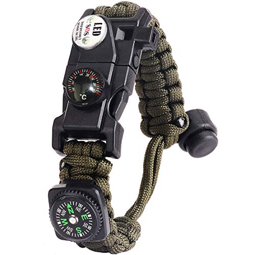 Paracord Survival Armband Kit für Herren Damen, Survival Armband mit Feuerstein + Kompass + Thermome (Armeegrün) von AuRiver