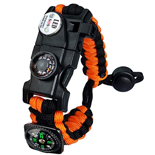 Paracord Survival Armband Kit für Herren Damen, Survival Armband mit Feuerstein + Kompass + Thermome (Orange) von AuRiver