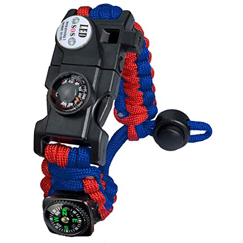 Paracord Survival Armband Kit für Herren Damen, Survival Armband mit Feuerstein + Kompass + Thermome (Rot und Blau) von AuRiver