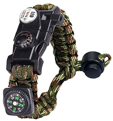 Paracord Survival Armband Kit für Herren Damen, Survival Armband mit Feuerstein + Kompass + Thermome (Tarnen) von AuRiver