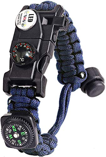 Paracord Survival Armband Kit für Herren Damen, Survival Armband mit Feuerstein + Kompass + Thermometer + Pfeife + Schirmseil + LED-Leuchte + Multi-Werkzeug + Kartenleser, zum Outdoor-Aktivitäten von AuRiver