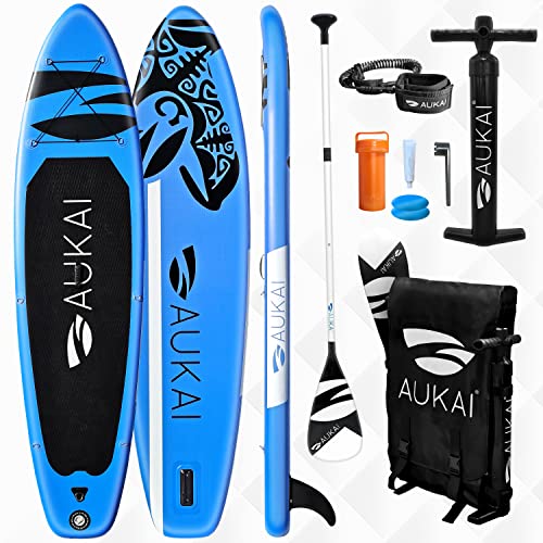 Aukai aufblasbares SUP Surfboard - Robustes Stand Up Paddle Board - Surfboard Komplett-Set - Hochwertiges Surfbrett mit Paddel, Pumpe, Tasche u.v.m. - (320cm, Ocean - blau) von Aukai