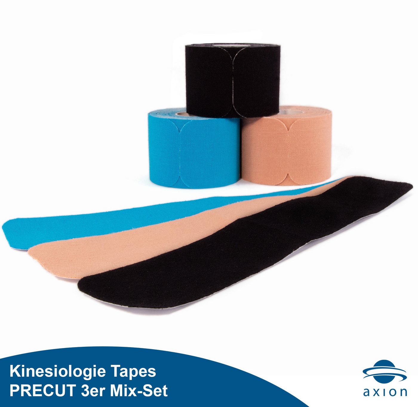 Axion Kinesiologie-Tape PRECUT 3er Mix-Set, je 20 Stück, 25 x 5 cm - schwarz, blau, beige (Set, 3-St) wasserfest • hautfreundlich • elastisch, selbstklebend • Physio-Tape von Axion