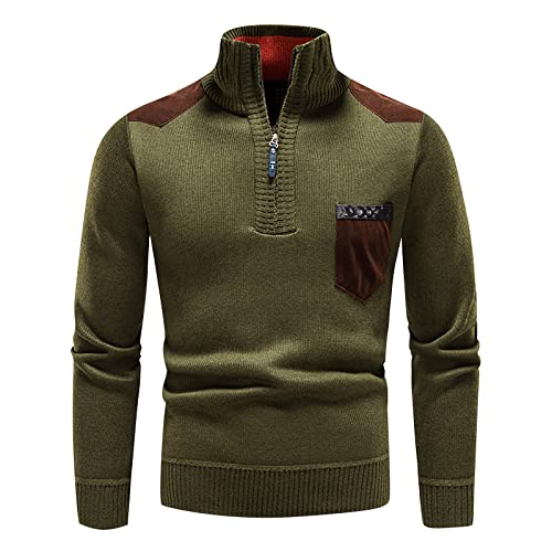 Azruma Herren Strickpullover Troyer Vintage Patchwork Rippstrick Troyer Langarm Pulli mit Reißverschluss Autumn Winter Warm mit Tasche Pullover Basic Slim Fit Wollpullover Herrenpullover von Azruma