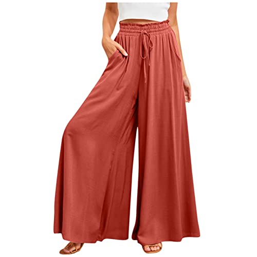 Azruma Hose Damen Elegant Chiffon Kordelzug High Waist Plissee Weites Bein Lang Hose mit Taschen Palazzo Einfarbig Culottes-Hose Strandhose Lose Lässige Freizeithose Schlupfhose Pumphose von Azruma