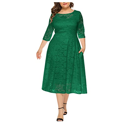 Azruma Kleid Damen elegant lang Elegante Kleider Damen Kleid Damen Glitzer Skijacke Damen Plus Size Spitzen Rundhals Midi Kleid Sommer 3/4 Ärmel Party Midikleid (Grün, 6XL) von Azruma